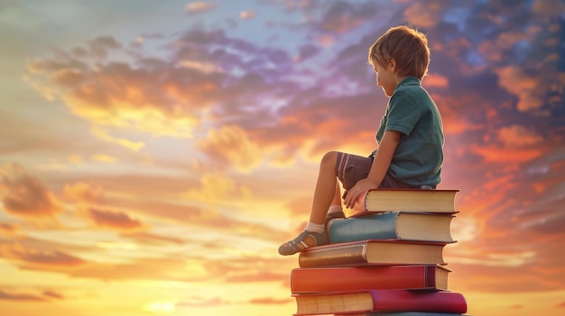 happy child sitting on books at sunset