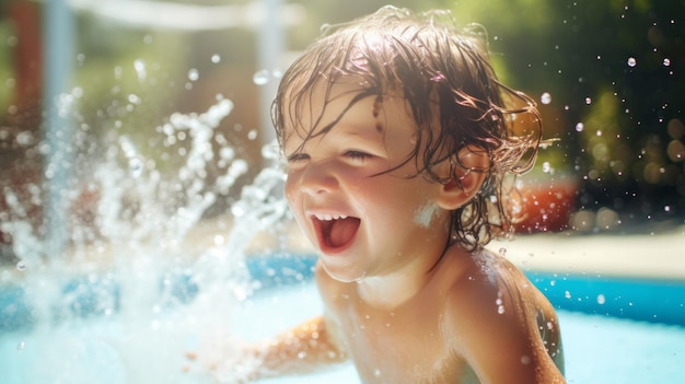 Happy child splashes and plays in a swimming pool Beautiful illustration picture Generative AI