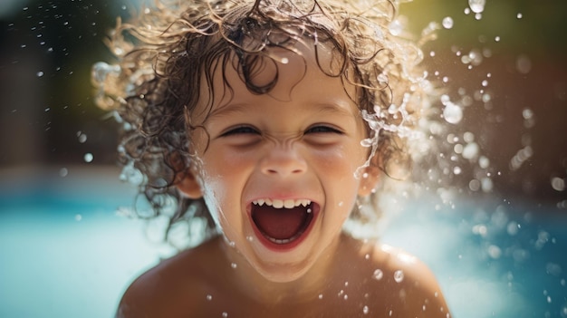 행복한 아이가 수영장에서 물장구를 치며 놀고 있습니다. 아름다운 그림 사진 생성 AI