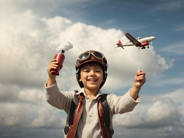 Happy child with airplane outdoor