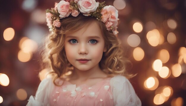 Happy Child with Blond Hair in Pink Dress Celebrating with Flowers