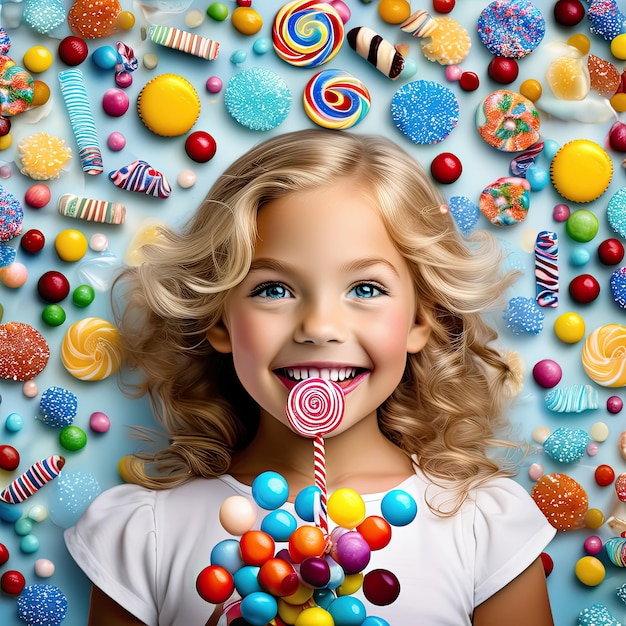 Happy child with colorful lollipops on sweet candy background