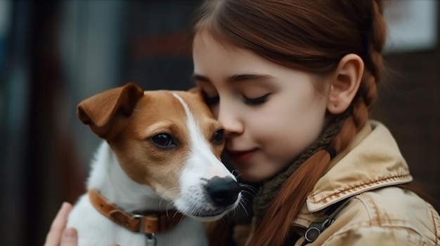 Foto bambino felice con un cane ritratto di una ragazza con un animale domestico