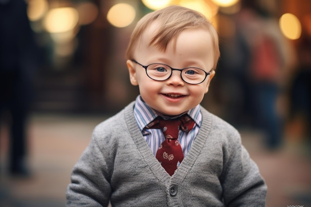 Photo happy child with down syndrome at the park generative ai