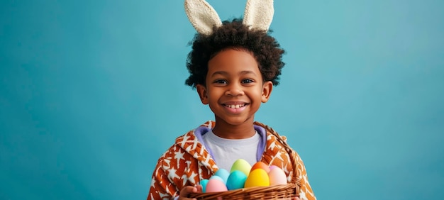 Happy child with easter bunny ears and eggs