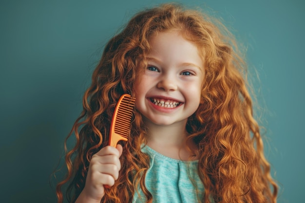 Happy child with long curly hair holding hairbrush