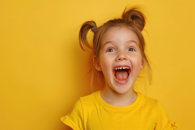 Happy child with open mouth in yellow background