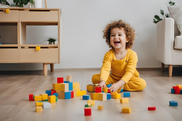 Happy child in yellow overalls with wavy hair plays with colorful toy blocks on the