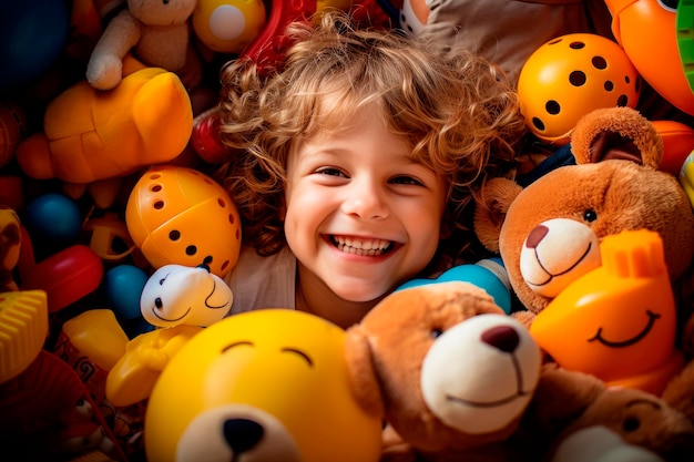 Foto faccia felice child39s in abbondanza di giocattoli vista dall'alto