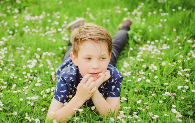 草の上に横たわっている幸せな子供時代の少年フィールドで楽しんでいるかわいい子供の子供夢のコンセプト