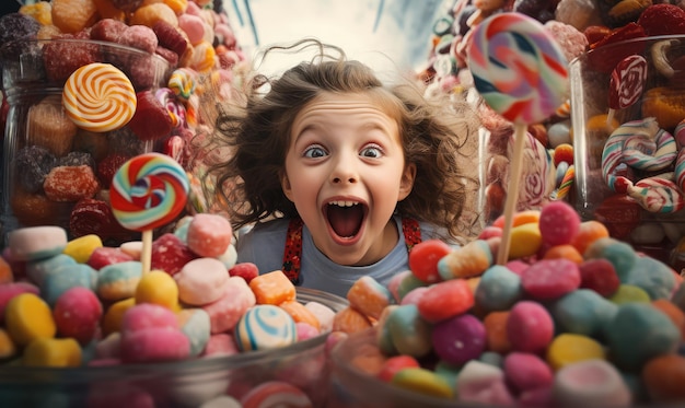 Photo happy children among sweets candies cookies chocolates lollipops with energy and smile