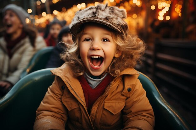 happy children in amusement park on roller coaster in winter christmas time