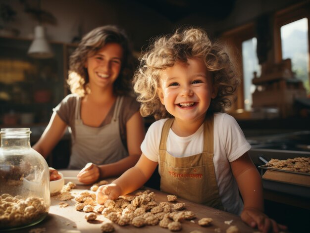 Happy children baking cookies generative ai