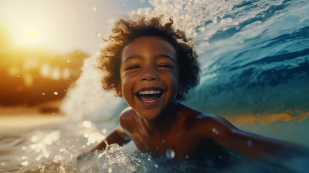 happy children beach and learning to surf for fun