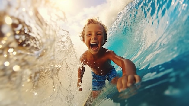 happy children beach and learning to surf for fun