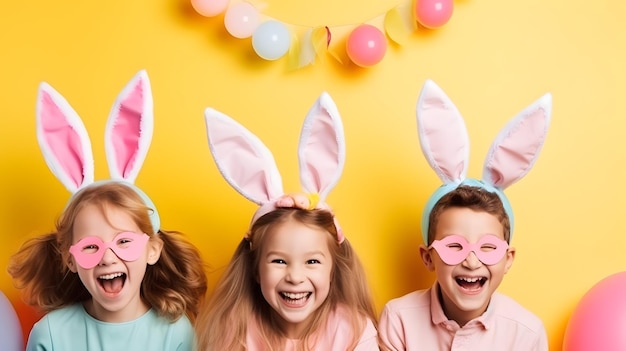 Happy children in bunny ears celebrating easter
