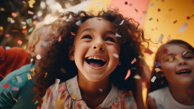 Foto bambini felici festeggiano il compleanno insieme con i confetti ai generativa