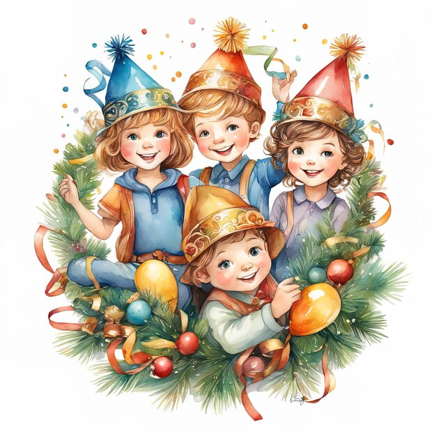 Photo happy children celebrating the christmas watercolorwatercolor christmas background with cute kids