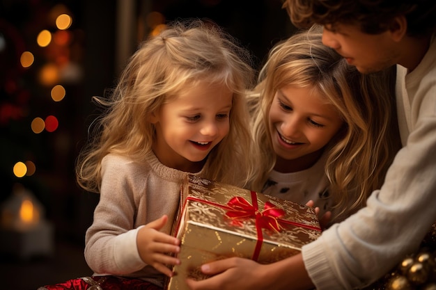 Happy children celebrating Christmas with family opening gifts