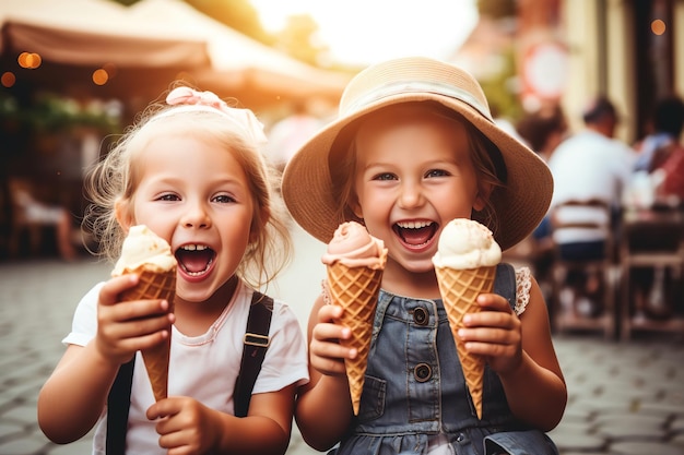 Фото Счастливые дети наслаждаются мороженым в парке