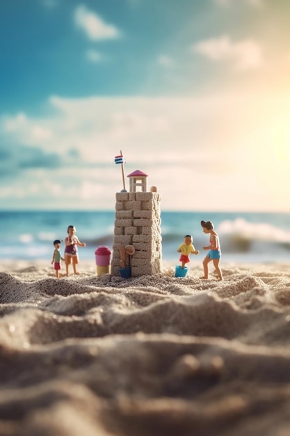 Happy children having fun while building a sandcastle on the beach AI generated