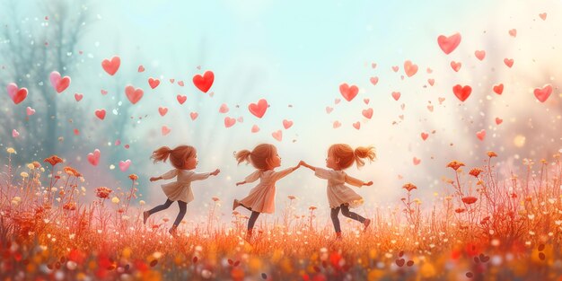 Happy children hearts sky love emotion friendship happiness in childhood kids playing on a meadow