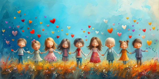 Happy children holding hands hearts in the sky love emotion and friendship happiness in childhood