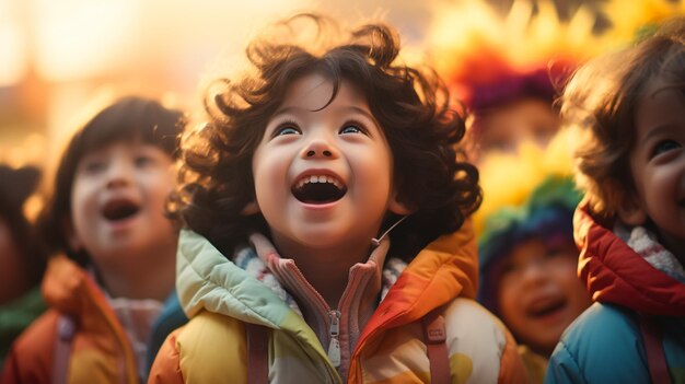 Happy children holding a light on a new year's evestreet night scene with christmas lights