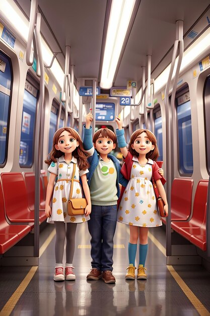 Photo happy children inside subway transport metro trains