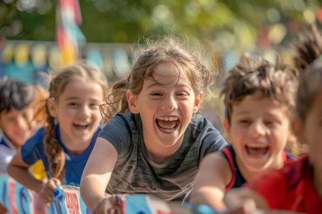 Счастливые дети смеются и наслаждаются веселой гонкой на открытом воздухе в солнечный день в парке