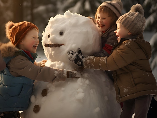 Happy children make a snowman Documentary