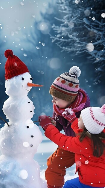 Photo happy children make snowman