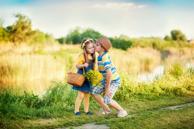 Happy children near the lake