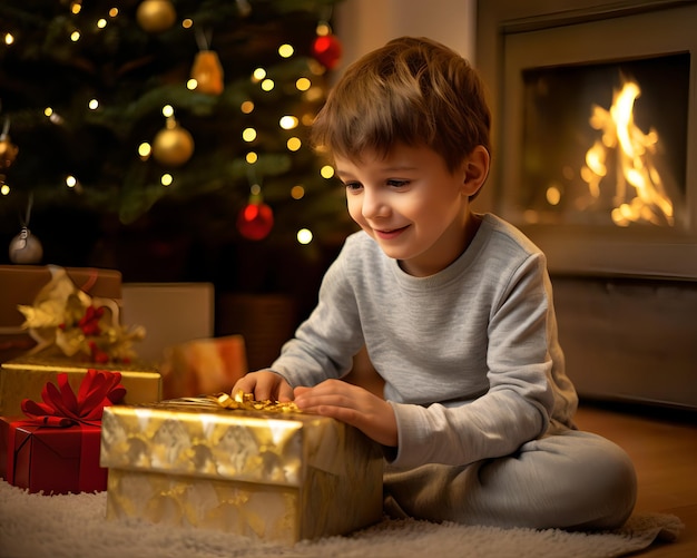 Foto bambini felici che aprono il loro regalo di natale mentre si godono la bellezza dell'albero di natale