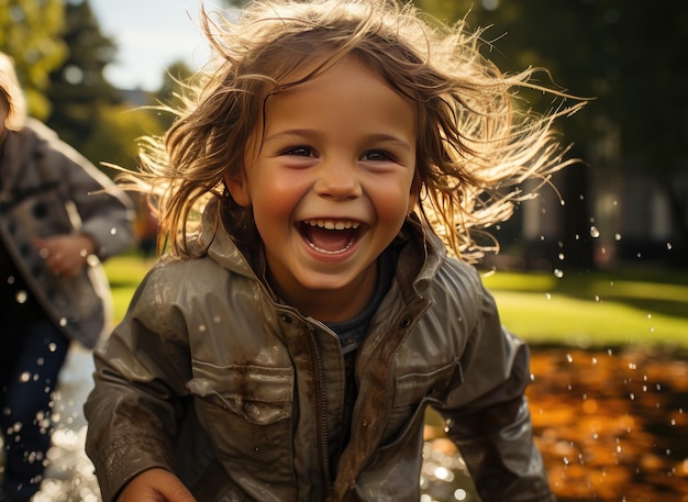 幸せな子供たちが日当たりの良い公園の源で遊んだり走ったりする生成 IA