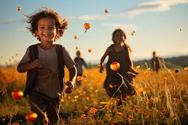 写真 幸せな子供たちがオープン フィールドの生成 ia でカラフルな凧で遊ぶ