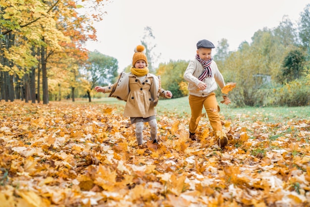 행복한 아이들이 놀고, 가을 공원, 따뜻하고 화창한 가을 날. 아이들이 놀고, 황금빛 단풍잎.