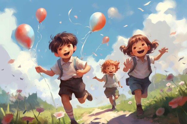 Photo happy children playing in the park with balloons and flowers digital painting