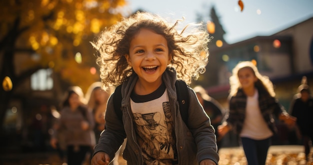 Happy children playing and running in the park