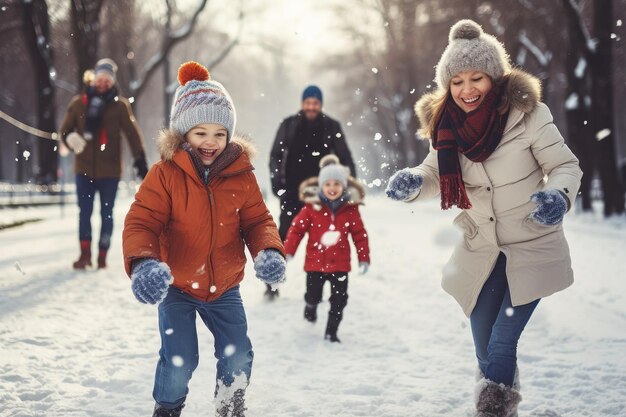 Happy Children Playing In The Snow Together With Parents ai generated