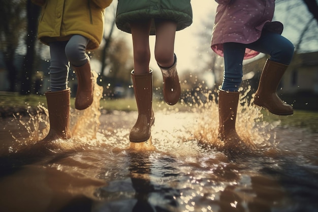 Happy children in rubber boots playing in rain outdoor water Kids legs jumping and splashing street water Generate ai