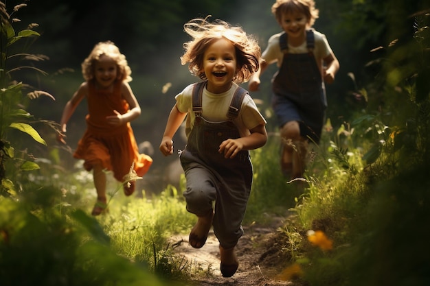 写真 夏に走る幸せな子供たち