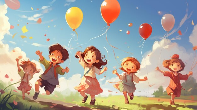 Happy children running with balloons and confetti in the park illustration