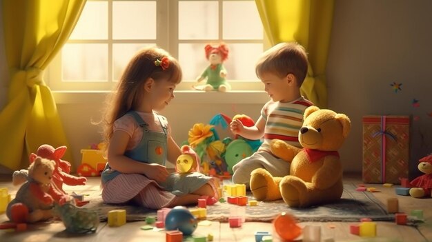 Photo happy children's day with boy and girl playing toys