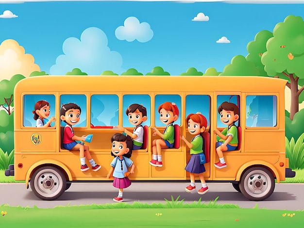 Happy children on school bus in the park