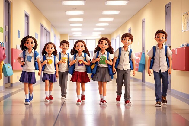 Счастливые дети в школьном коридоре