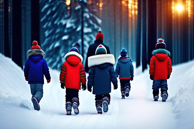 Happy children sledding down in winter snowy forest