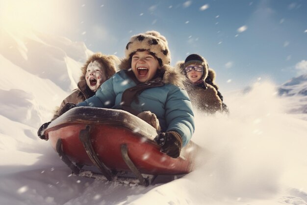 Photo happy children on sleds