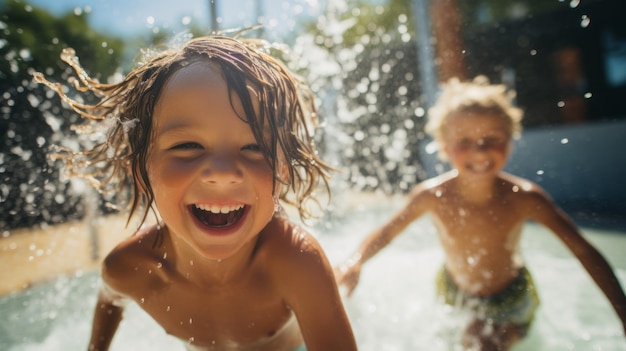 Happy children splashes and plays in a swimming pool Beautiful illustration picture Generative AI