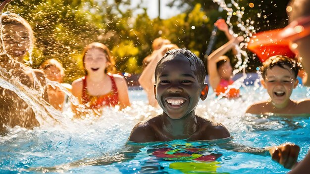 Foto bambini felici che nuotano in piscina in una giornata di sole giorno mondiale della risata